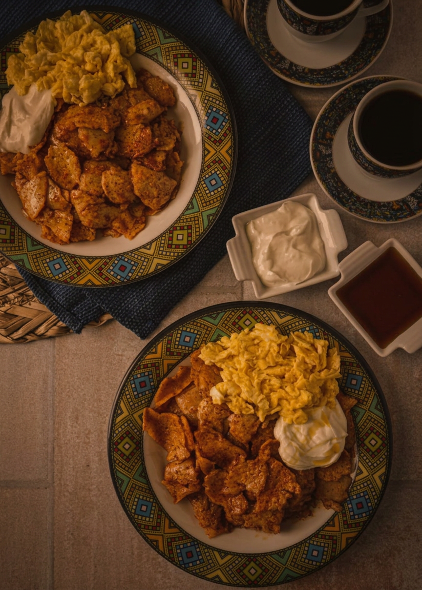 Ethiopian brunch — chechebsa and coffee